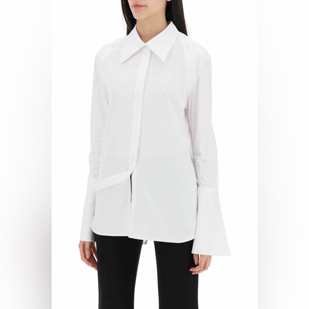 NWT $920 Courreges Embellished Cotton Blend Poplin Shirt Blouse